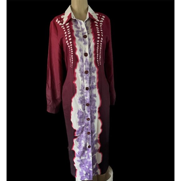 NEW STYLEWE Red / Burgundy Tie Dyed Long Sleeve Midi Button down Pencil Dress  M - Picture 1 of 8